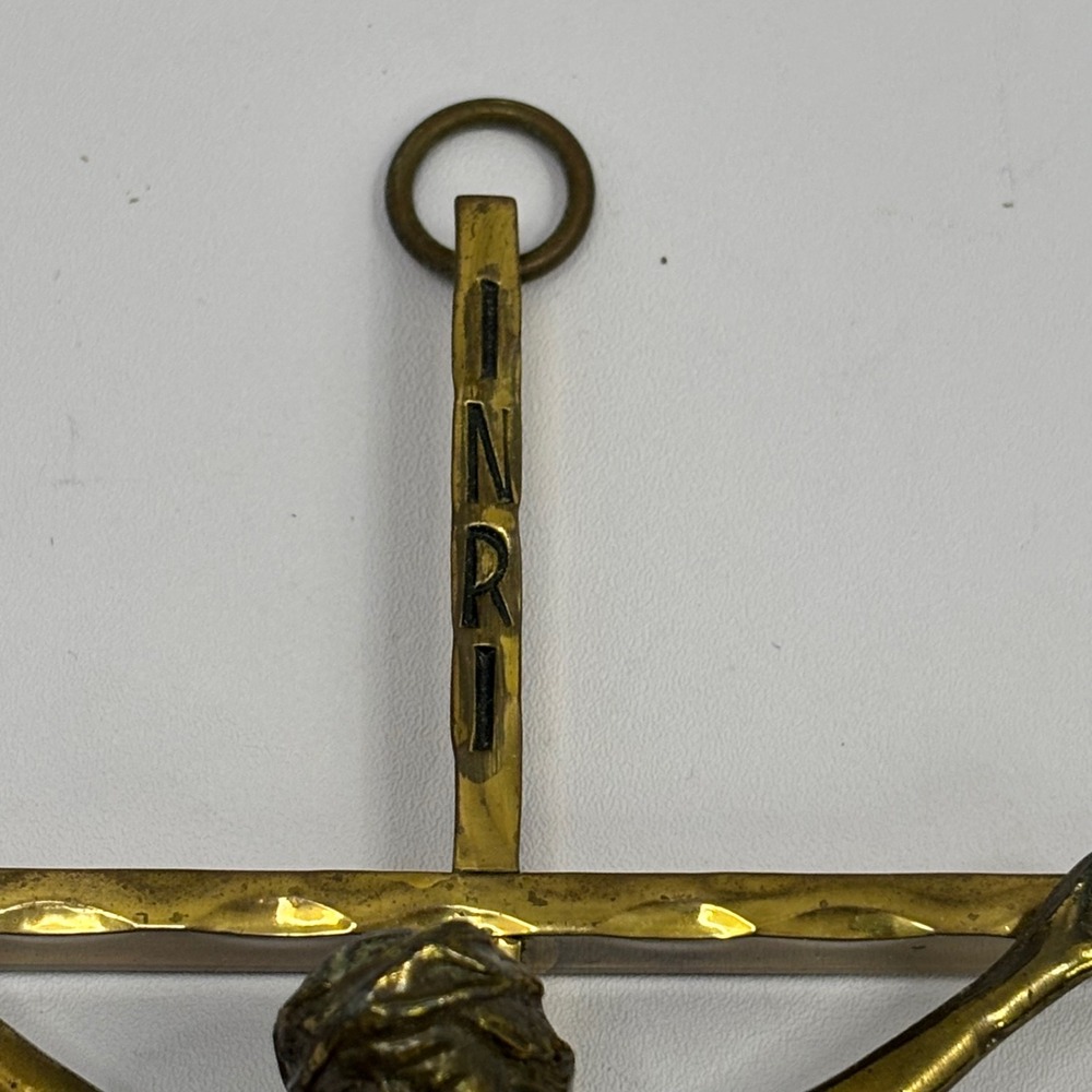 Vintage Brass Wall Crucifix INRI Hammered Metal Religious Cross Jesus Corpus 10" - Picture 5 of 9